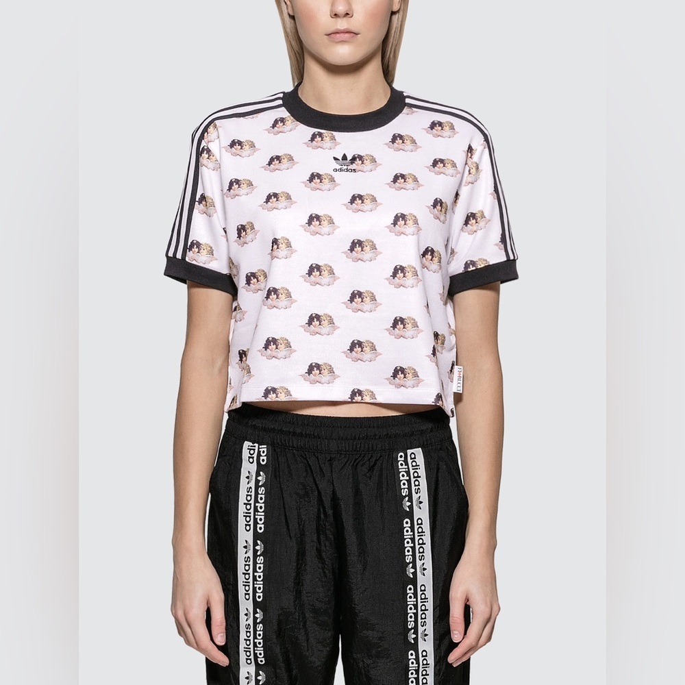 Adidas Originals x Fiorucci Cherub Print Crop Tee Black Womens M Adidas Top